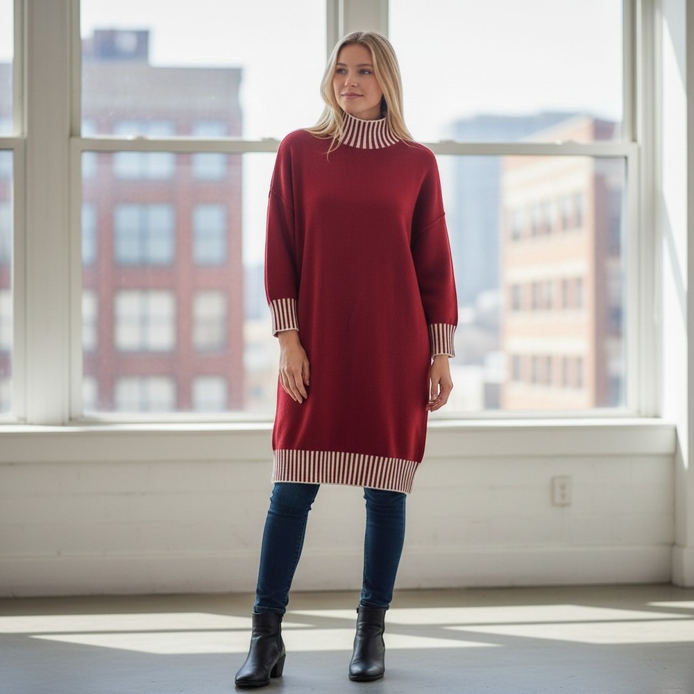 HEBELD Burgundy Varsity Striped Mock Neck Sweater Dress Womens Large NWT